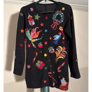 Michael‎ Simon-Women-Christmas Cardigan Sweater - Black Embellished Beaded-Small